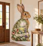 Rabbit-shaped clear acrylic ornament with meadow-window print, THE PARKERS banner and gold cord.