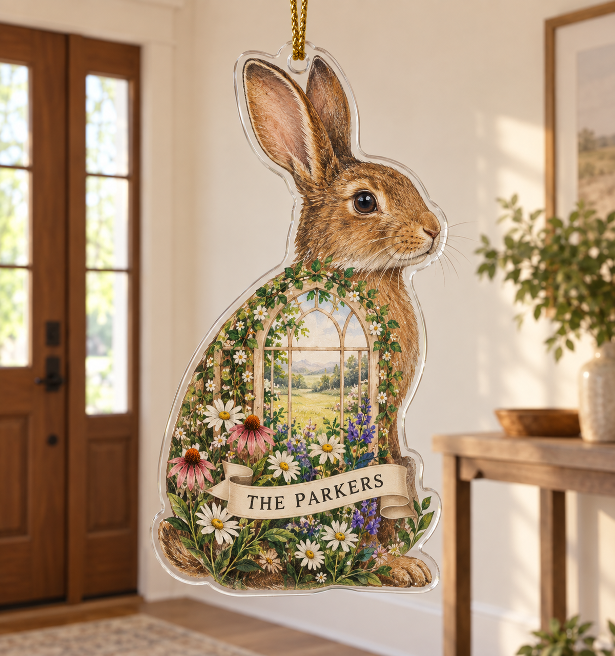Rabbit-shaped clear acrylic ornament with meadow-window print, THE PARKERS banner and gold cord.