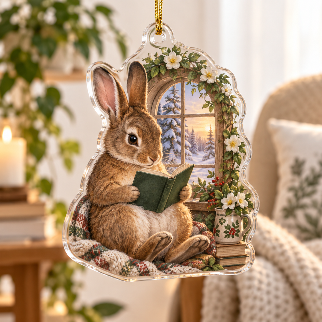 Seated rabbit-shaped acrylic ornament with a closed book, arched flower window and gold cord.