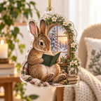 Seated rabbit-shaped acrylic ornament with a closed book, arched flower window and gold cord.
