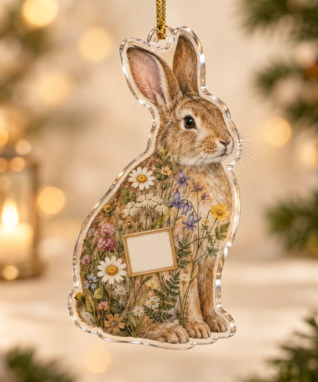Clear custom-shaped acrylic rabbit ornament with botanical meadow print and gold cord.