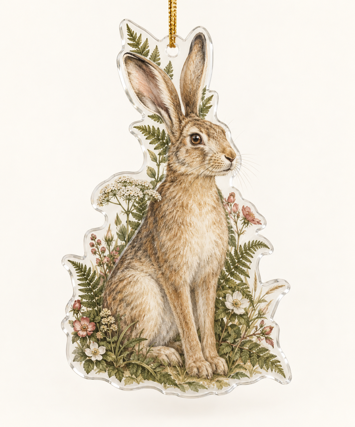 Clear custom-shaped acrylic hare ornament with flat botanical gallery artwork and a gold hanging cord.