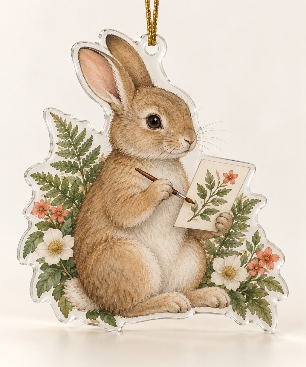 Clear acrylic contour-shaped rabbit artist ornament with botanical artwork and gold hanging cord.