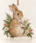 Clear acrylic contour-shaped rabbit artist ornament with botanical artwork and gold hanging cord.