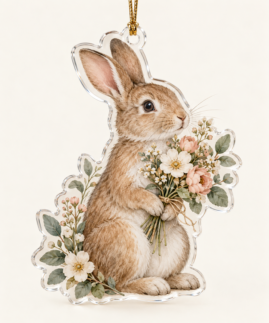 Clear custom-shaped acrylic rabbit carrying a flower bouquet with gold hanging cord.