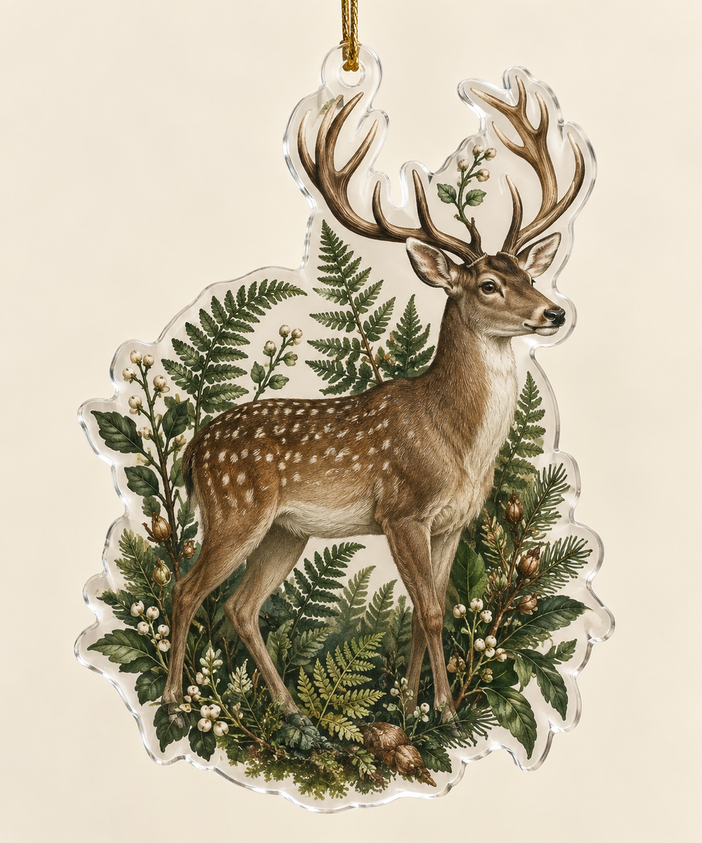 Clear acrylic deer silhouette ornament with printed ferns, botanical folio details and gold cord.