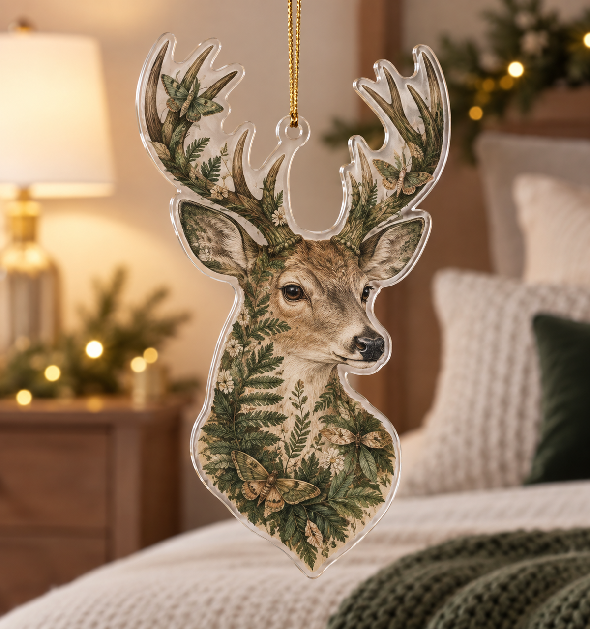 Clear acrylic deer silhouette ornament with printed ferns, botanical details and gold cord.