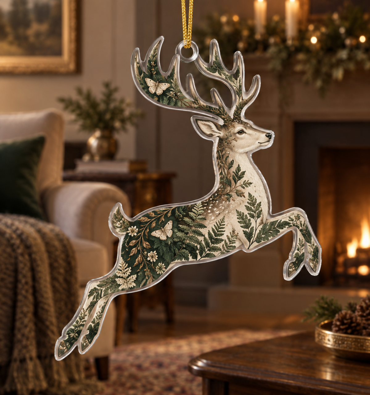 Clear acrylic leaping deer ornament with flat fern print, top hole and gold cord.