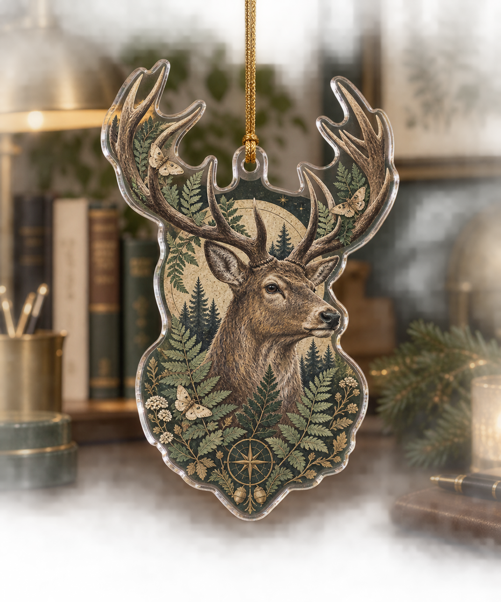 Clear acrylic stag bust ornament with fern print, top hole and gold cord.