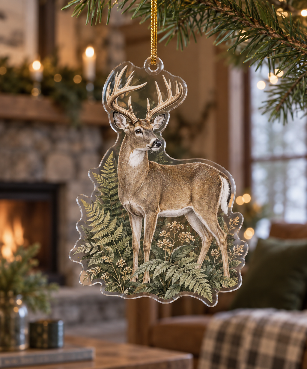 One clear acrylic custom-shape deer ornament with fern print and gold hanging cord.