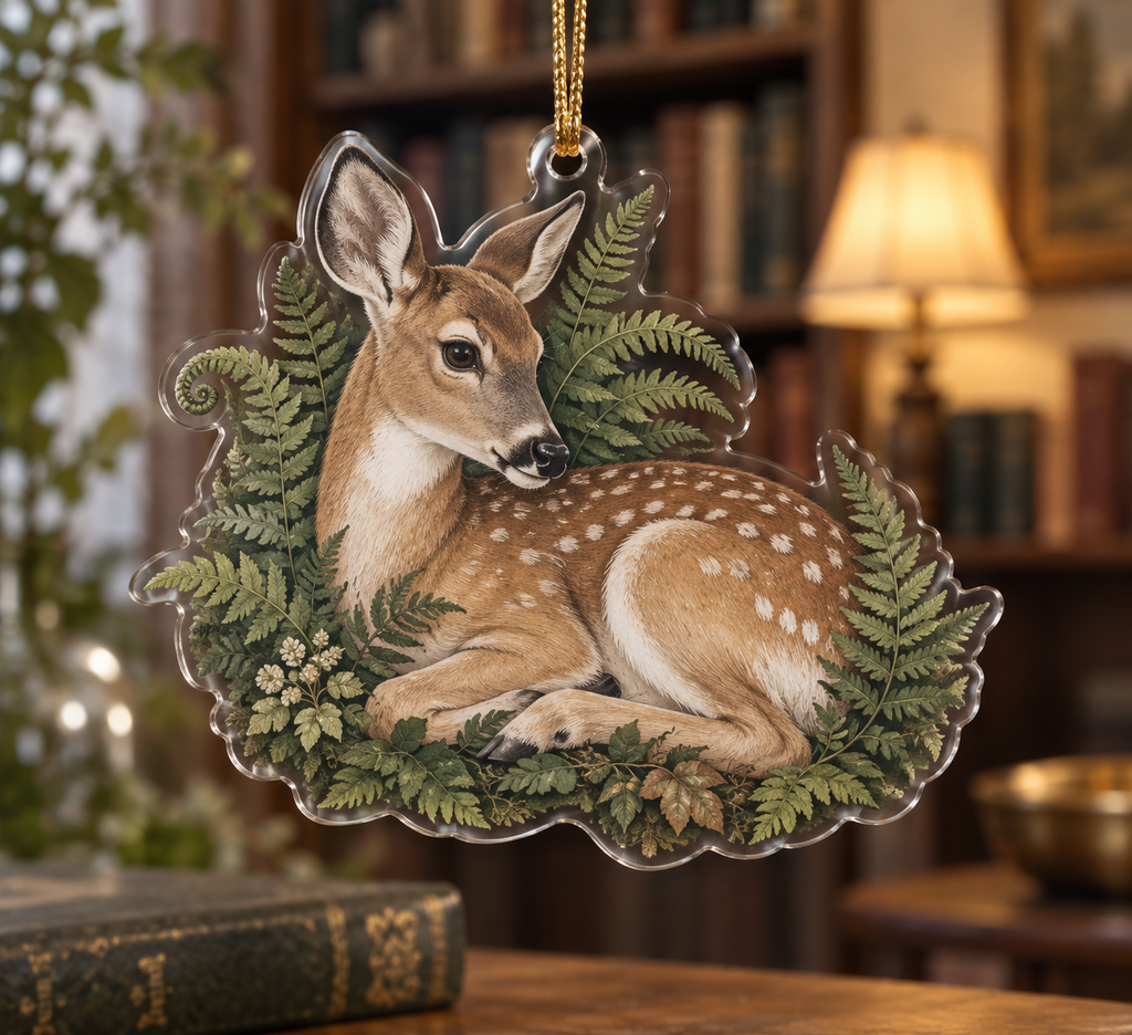 One clear acrylic custom-shape resting deer ornament with fern print and gold hanging cord.
