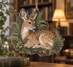 One clear acrylic custom-shape resting deer ornament with fern print and gold hanging cord.