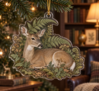 One clear acrylic custom-shape deer ornament with fern artwork and gold hanging cord.