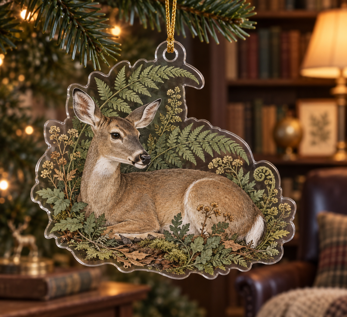 One clear acrylic custom-shape deer ornament with fern artwork and gold hanging cord.