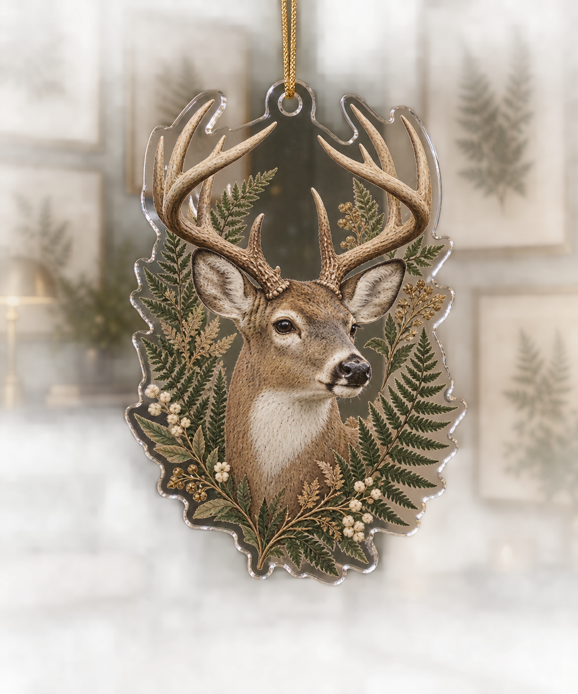 One clear acrylic custom-shape deer portrait ornament with fern print and gold hanging cord.