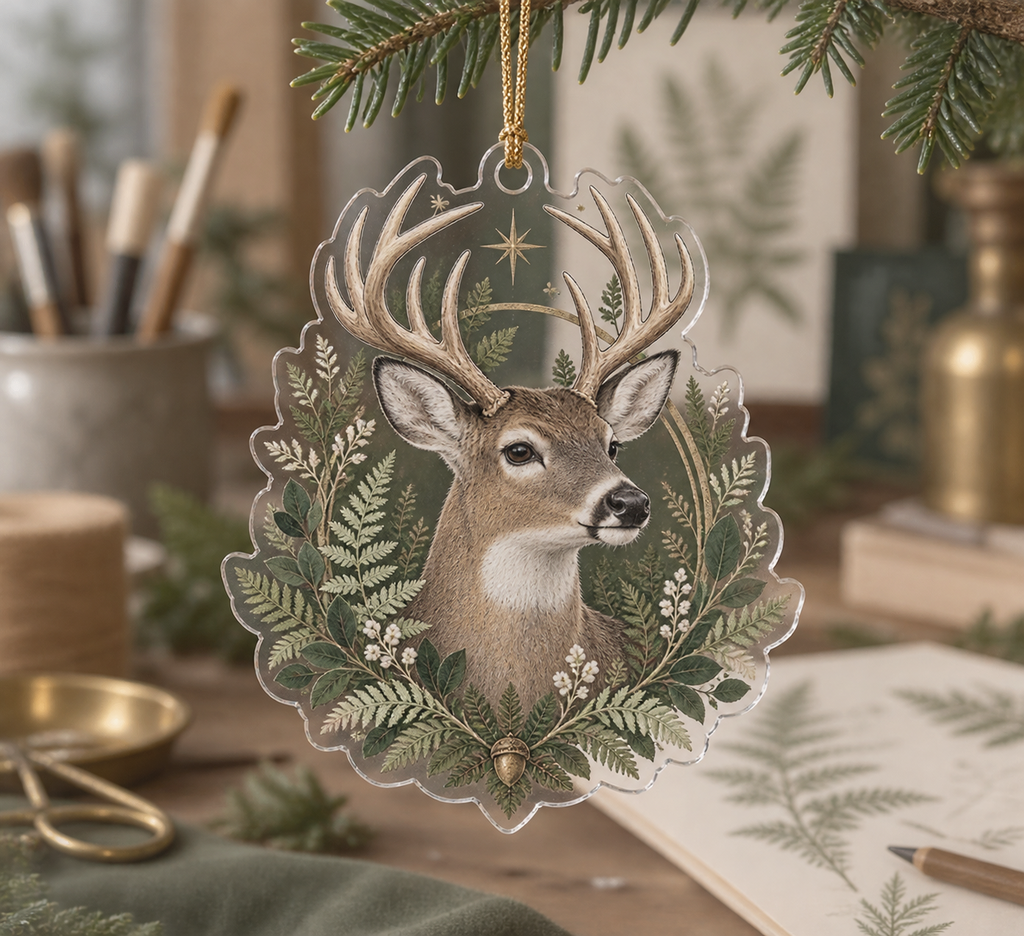 One clear acrylic custom-shape deer ornament with fern print and gold hanging cord.