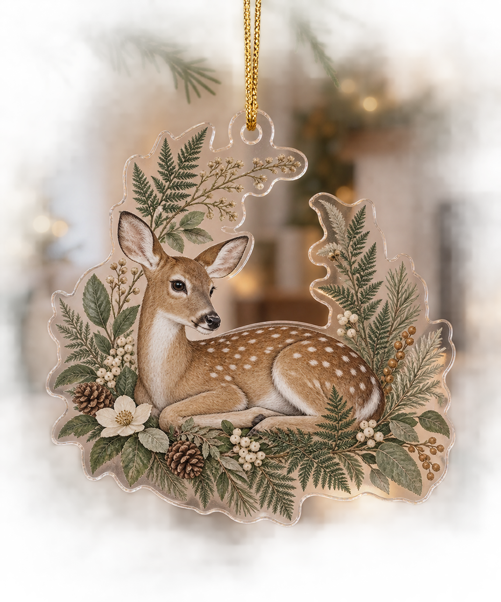 One clear acrylic custom-shape resting deer ornament with fern print and gold hanging cord.