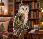 One flat acrylic custom-shape perched owl ornament with fern hollow artwork and gold hanging cord.