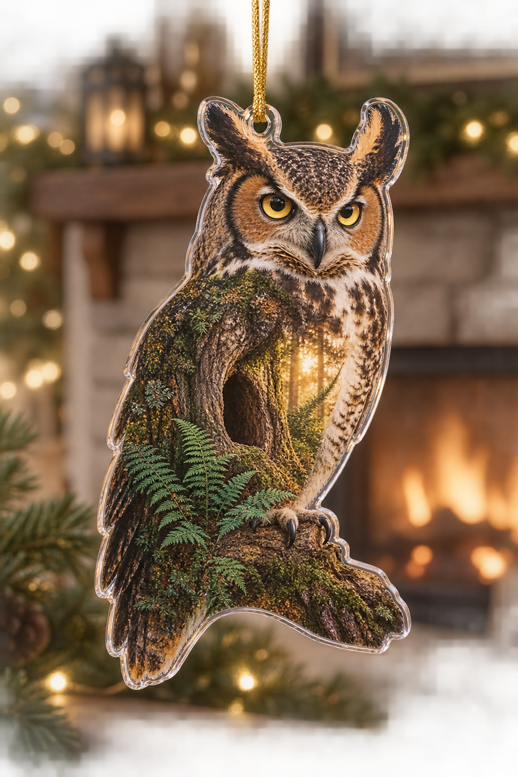 One flat acrylic custom-shape great horned owl ornament with woodland artwork and gold cord.
