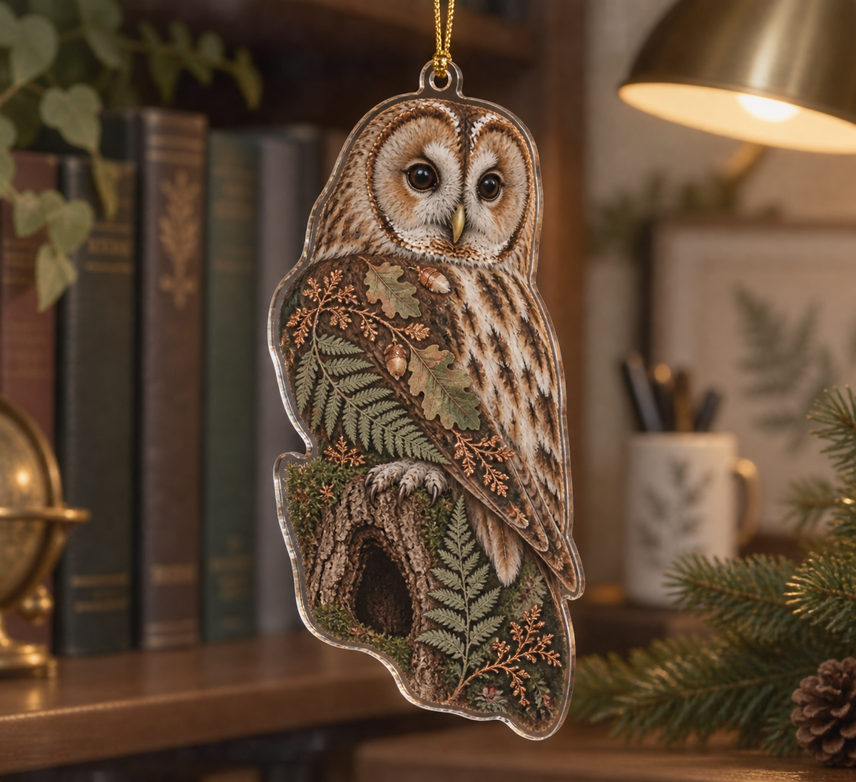 One flat acrylic custom-shape tawny owl ornament with sage ferns, copper details and gold cord.