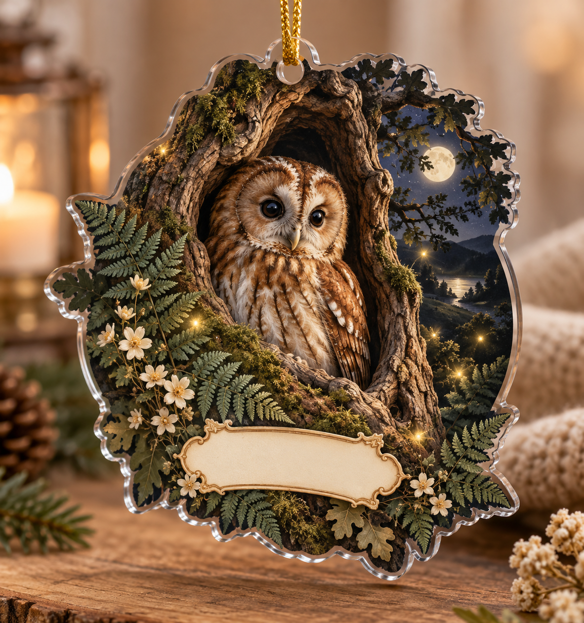 One flat acrylic custom-shape ornament with a peaceful tawny owl, moonlit hollow, sage ferns, blank name panel and gold cord.