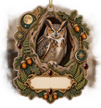 One flat acrylic custom-shape ornament with a great horned owl, antique ferns, amber acorns, blank ornate cartouche and gold cord.