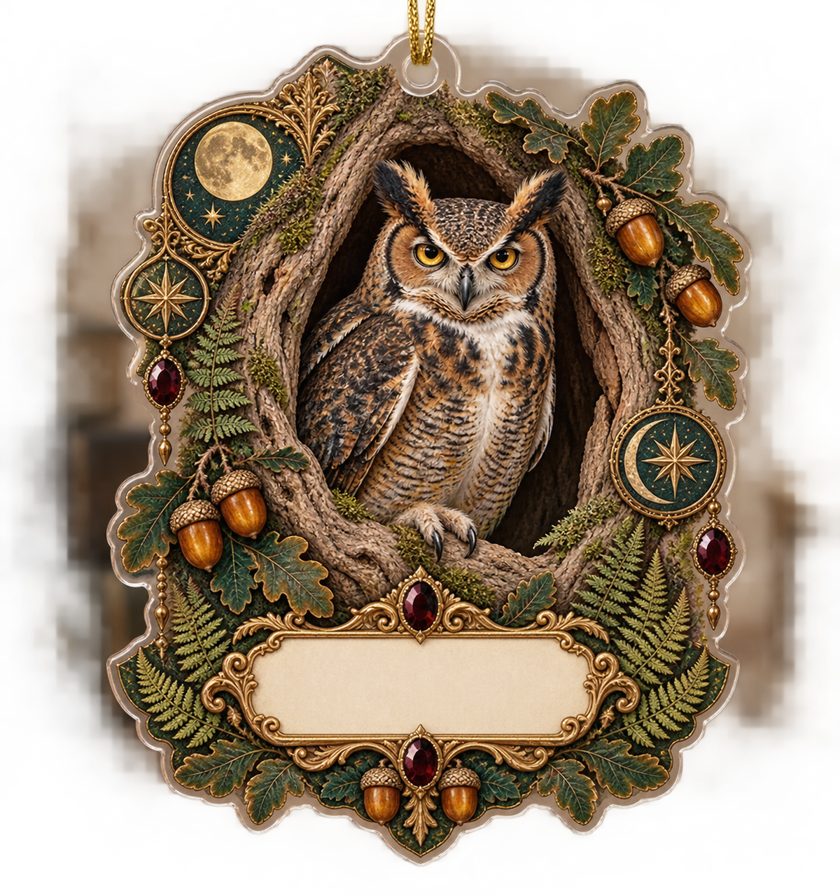 One flat acrylic custom-shape ornament with a great horned owl, antique ferns, amber acorns, blank ornate cartouche and gold cord.