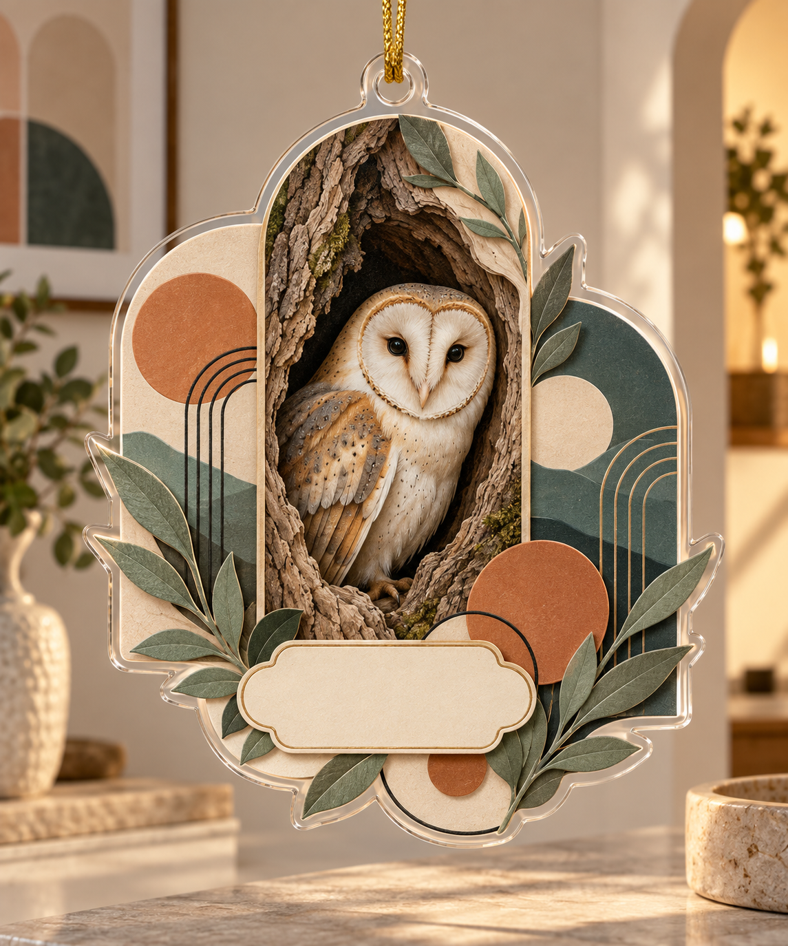 One flat acrylic custom-shape ornament with a barn owl, modern arched panels, sage leaves, terracotta circles, blank name panel and gold cord.