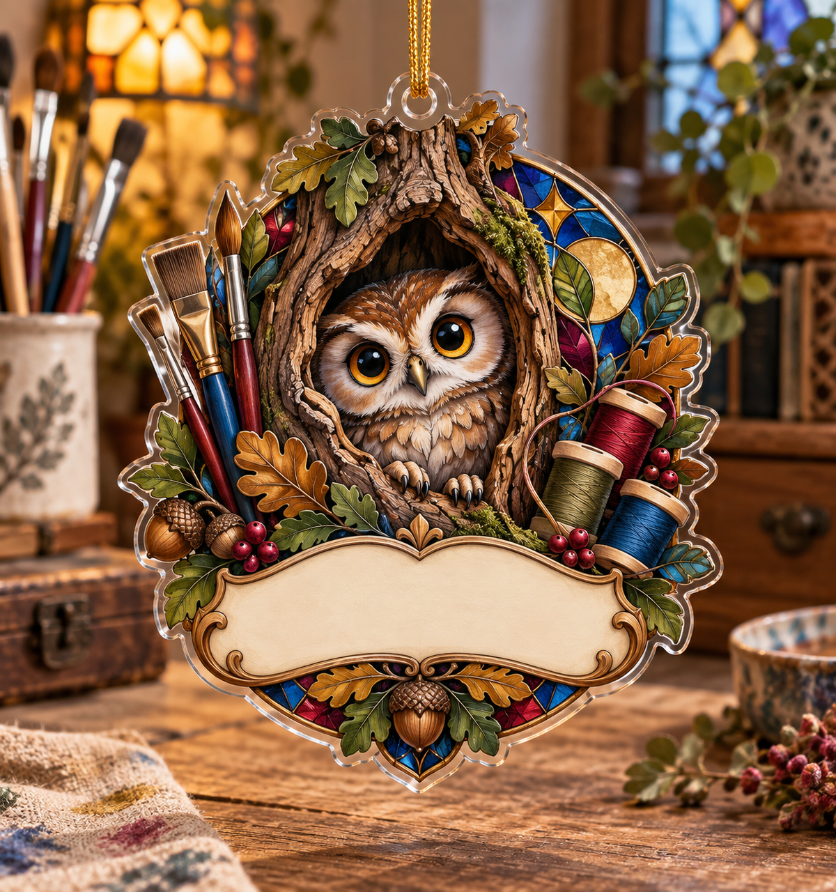 One flat acrylic custom-shape ornament with a little owl, art brushes, thread spools, mosaic colors, blank studio panel and gold cord.