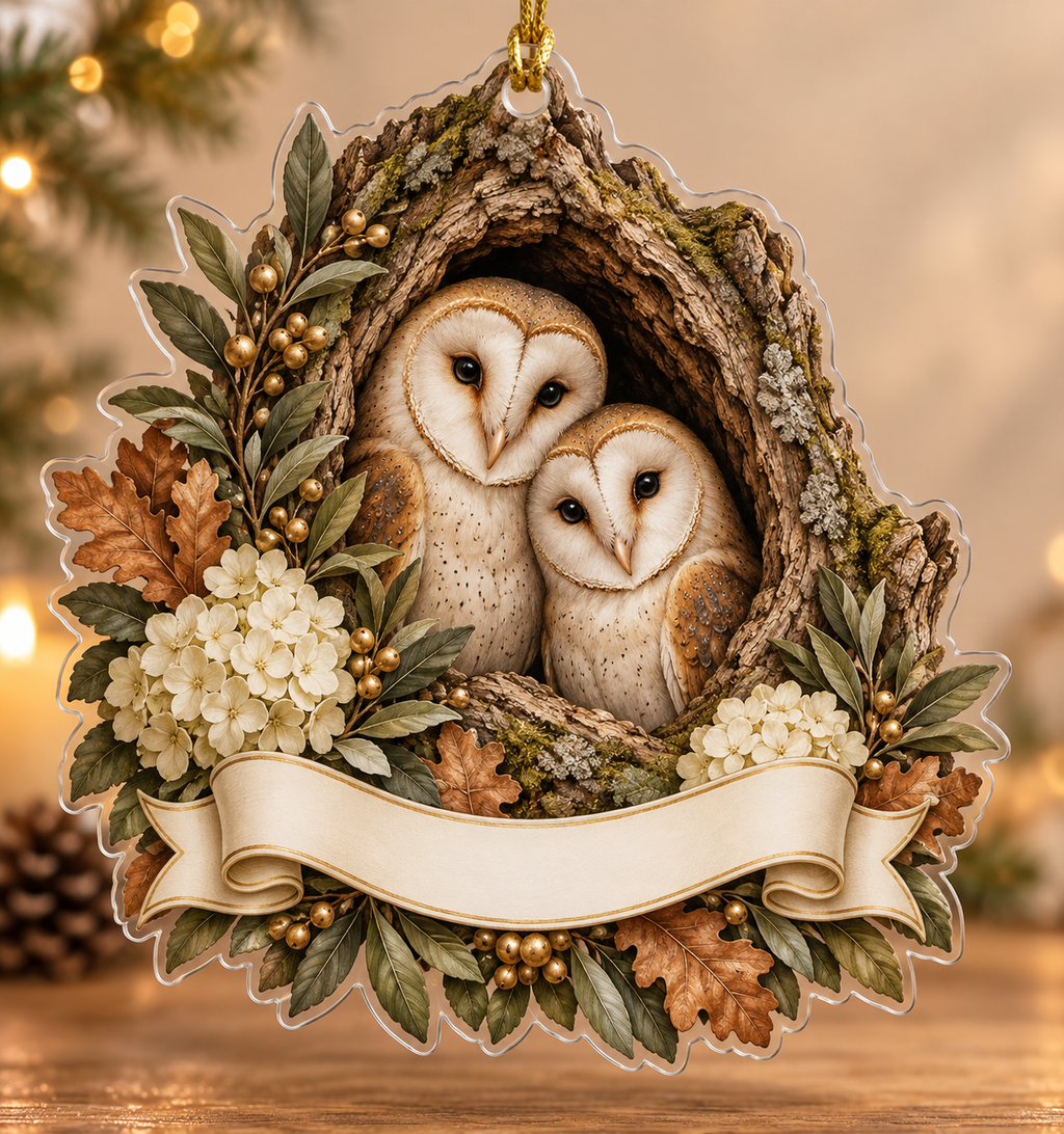 One christmas ornament with two barn owls, oak hollow, olive branches, cream hydrangeas and a blank ribbon panel.
