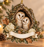 One christmas ornament with two barn owls, oak hollow, olive branches, cream hydrangeas and a blank ribbon panel.