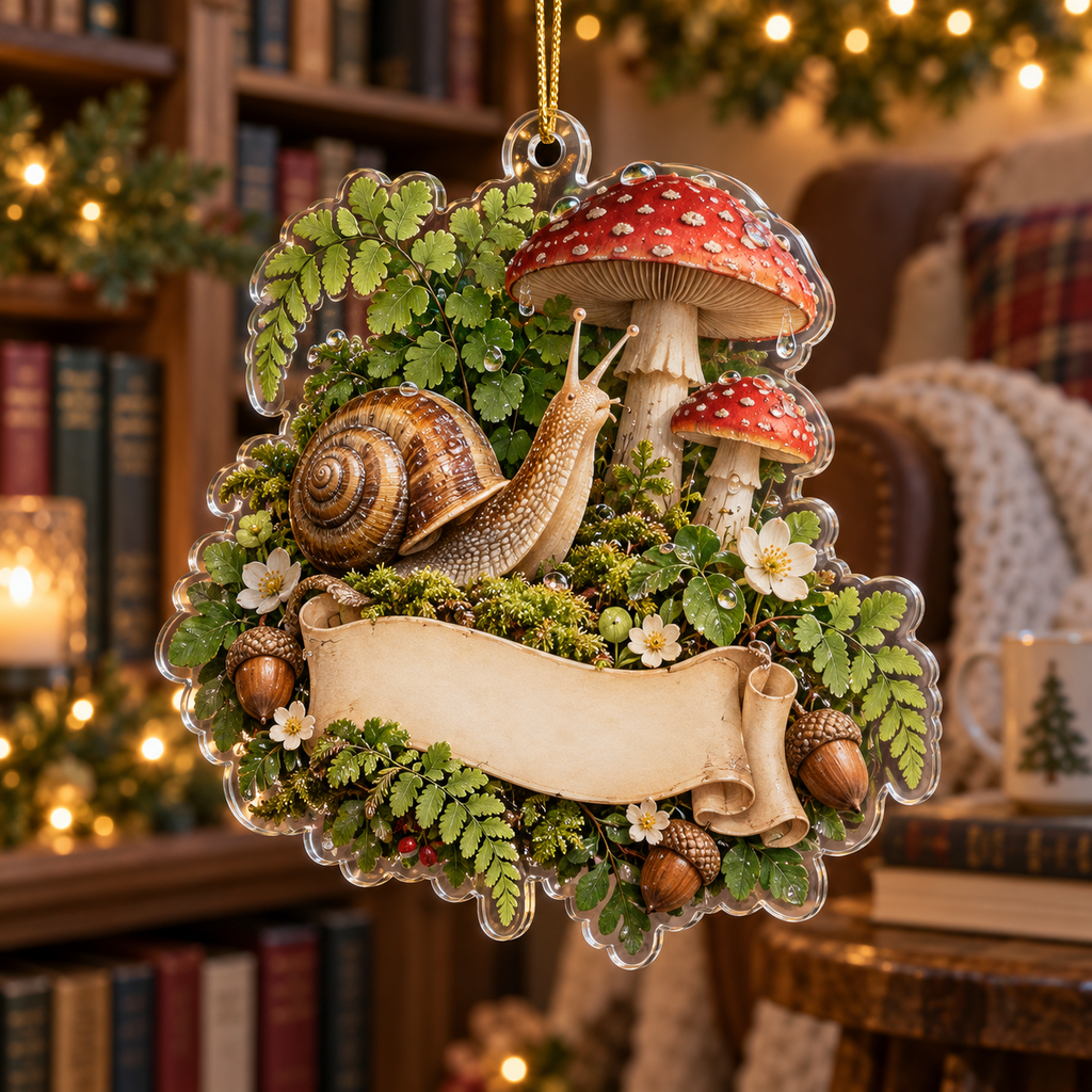 One christmas ornament with a storybook snail, red toadstools, moss, ferns, cream flowers and a blank scroll panel.