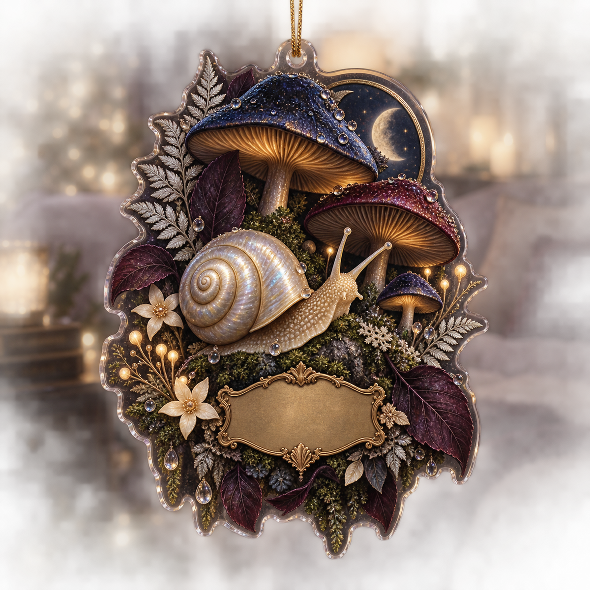 One christmas ornament with a pearl-shell snail, moonlit toadstools, silver ferns, plum leaves and a blank gold cartouche.