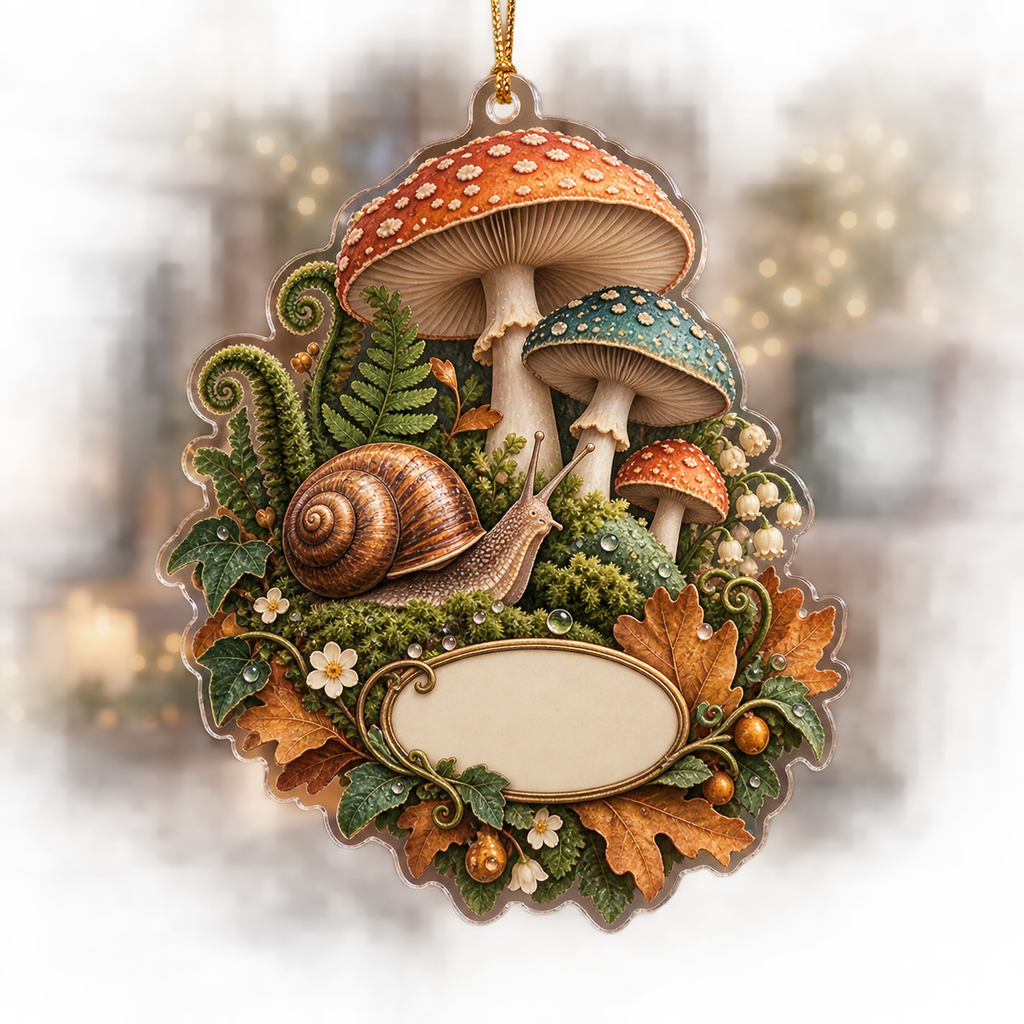 One christmas ornament with a copper-shell snail, coral and teal toadstools, ferns, amber leaves and a blank oval plaque.