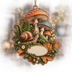 One christmas ornament with a copper-shell snail, coral and teal toadstools, ferns, amber leaves and a blank oval plaque.