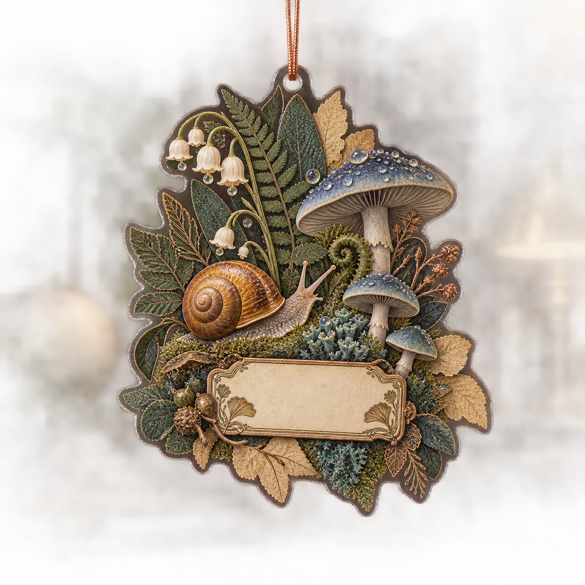 One christmas ornament with an amber-shell snail, indigo toadstools, sage ferns, parchment leaves and a blank bookplate.