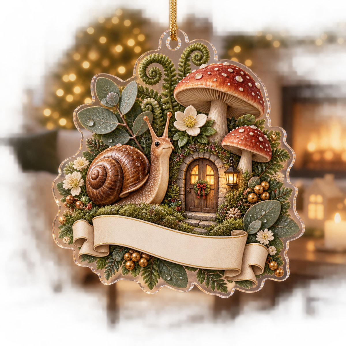 One christmas ornament with a chestnut-shell snail, sage toadstools, cottage doorway, wildflowers and a blank ivory ribbon.