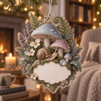 One christmas ornament with a resting snail, dusty-blue and mauve toadstools, lavender, ferns and a blank scalloped panel.