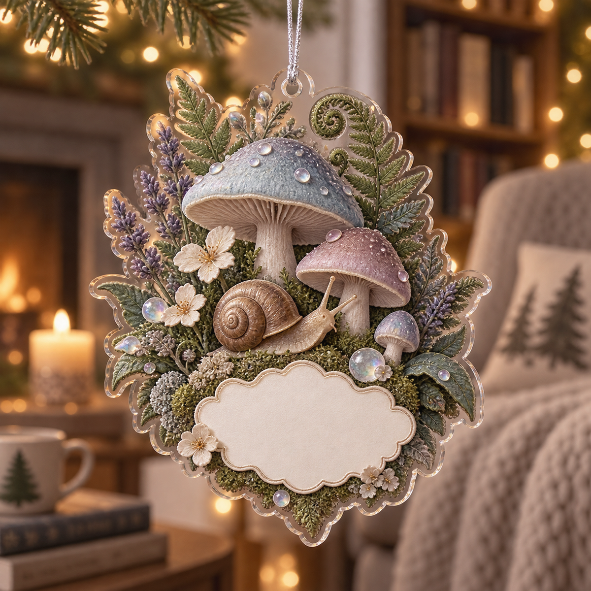 One christmas ornament with a resting snail, dusty-blue and mauve toadstools, lavender, ferns and a blank scalloped panel.