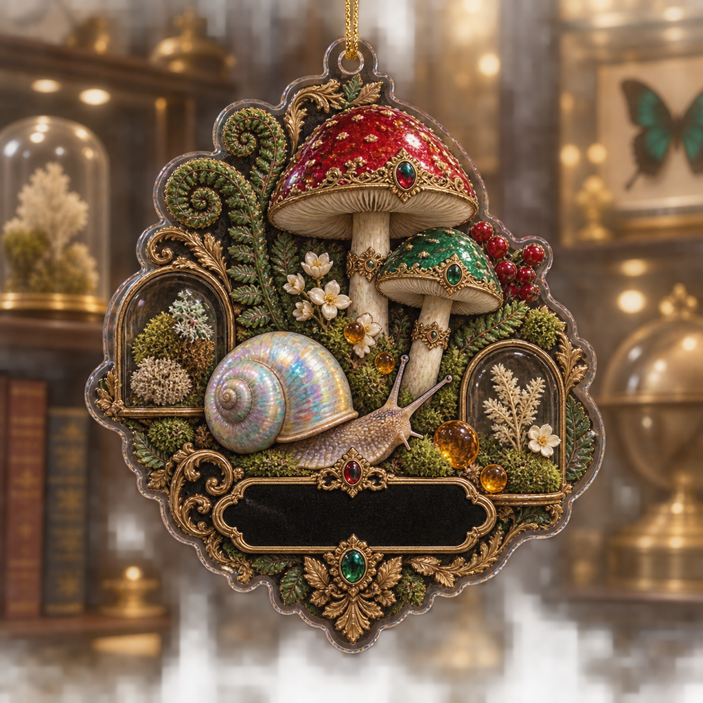 One christmas ornament with an opalescent snail, jewel-tone toadstools, specimen cases, ferns and a blank gold plaque.