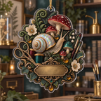 One christmas ornament with an opalescent snail, jewel-tone toadstools, ferns, maker tools and a blank gold plaque.