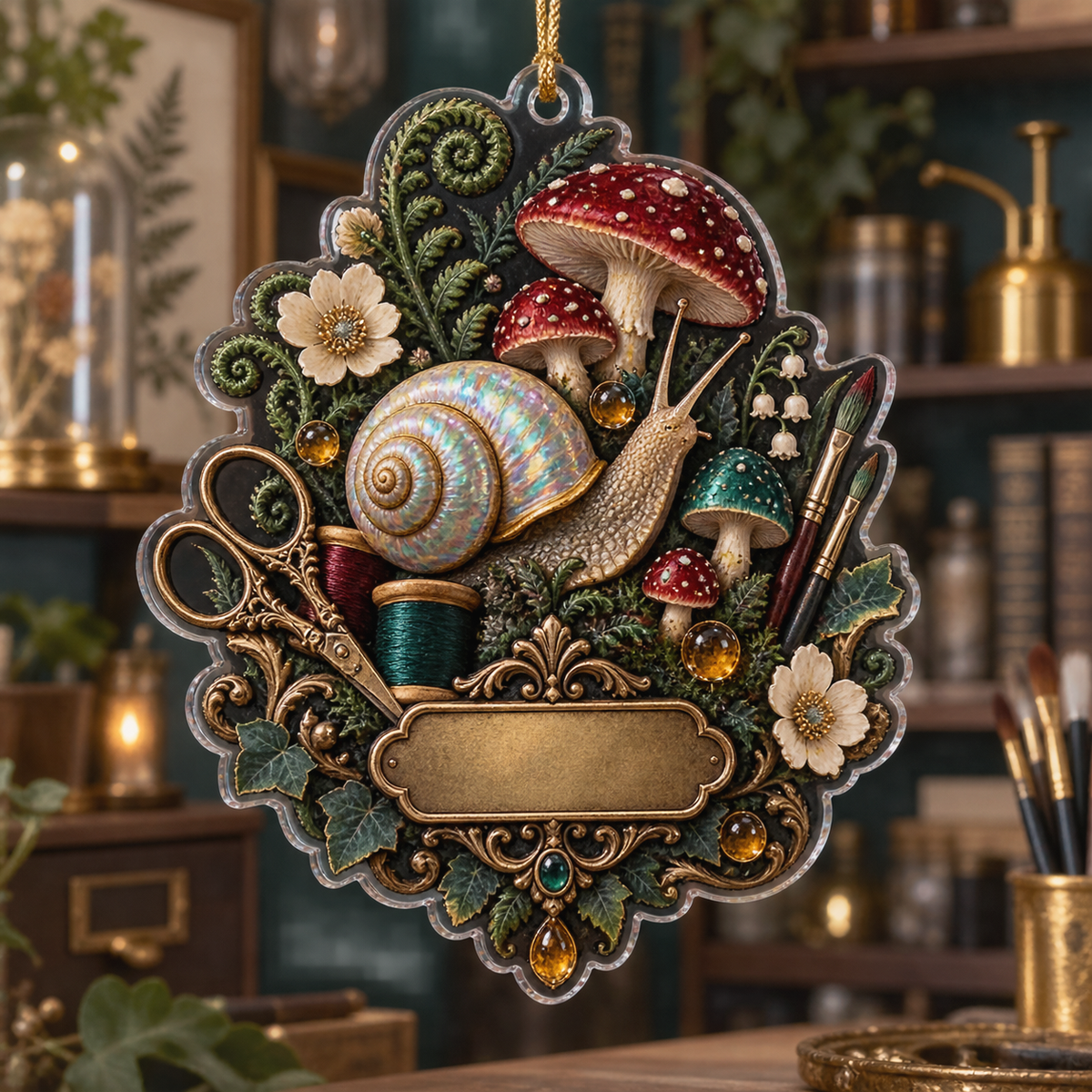 One christmas ornament with an opalescent snail, jewel-tone toadstools, ferns, maker tools and a blank gold plaque.