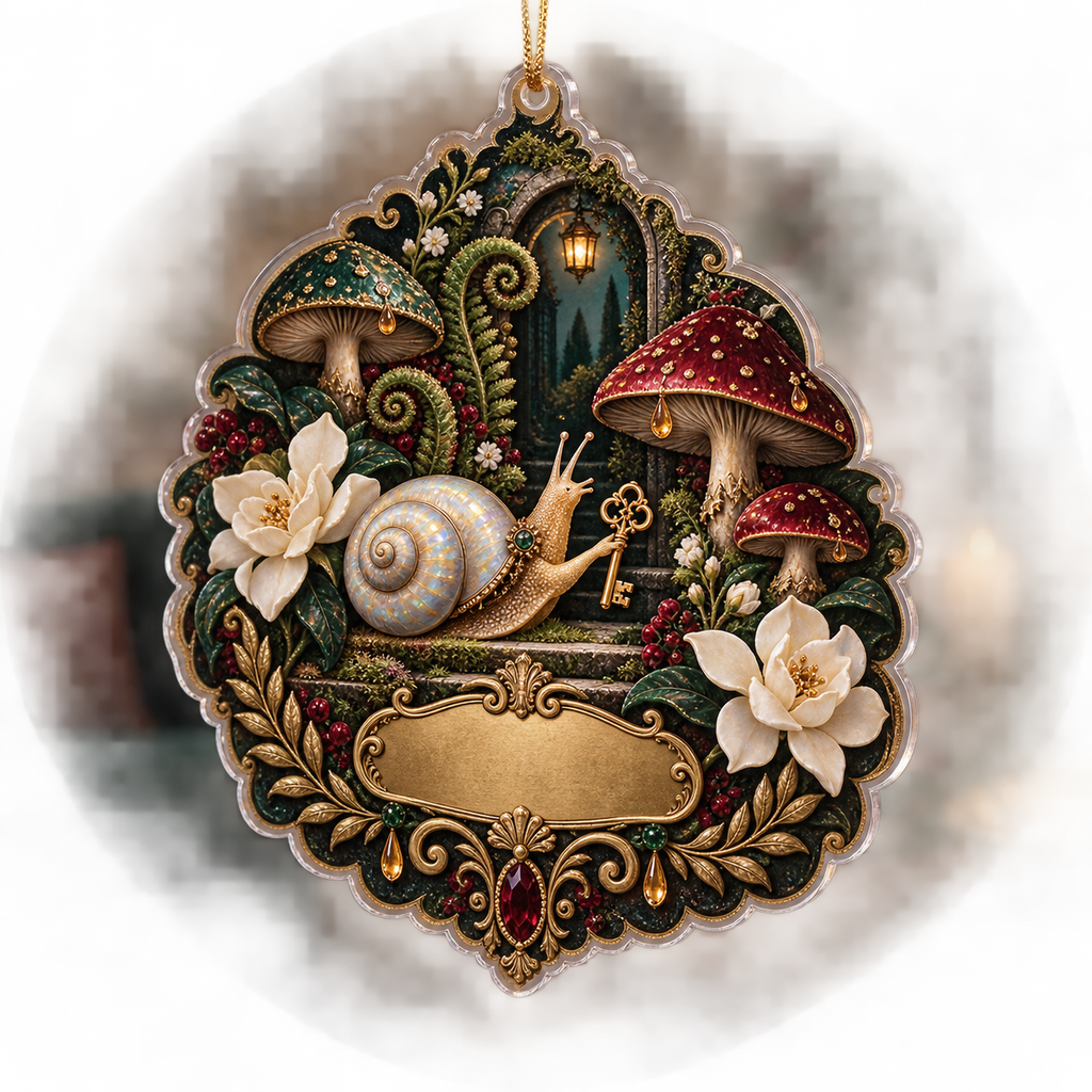 One christmas ornament with an opalescent snail, golden key, jewel-tone toadstools, ivory gardenias and a blank gold plaque.