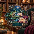 One christmas ornament with an emerald frog, moonlit pond, luminous water lilies, dragonflies and a blank dark-teal plaque.