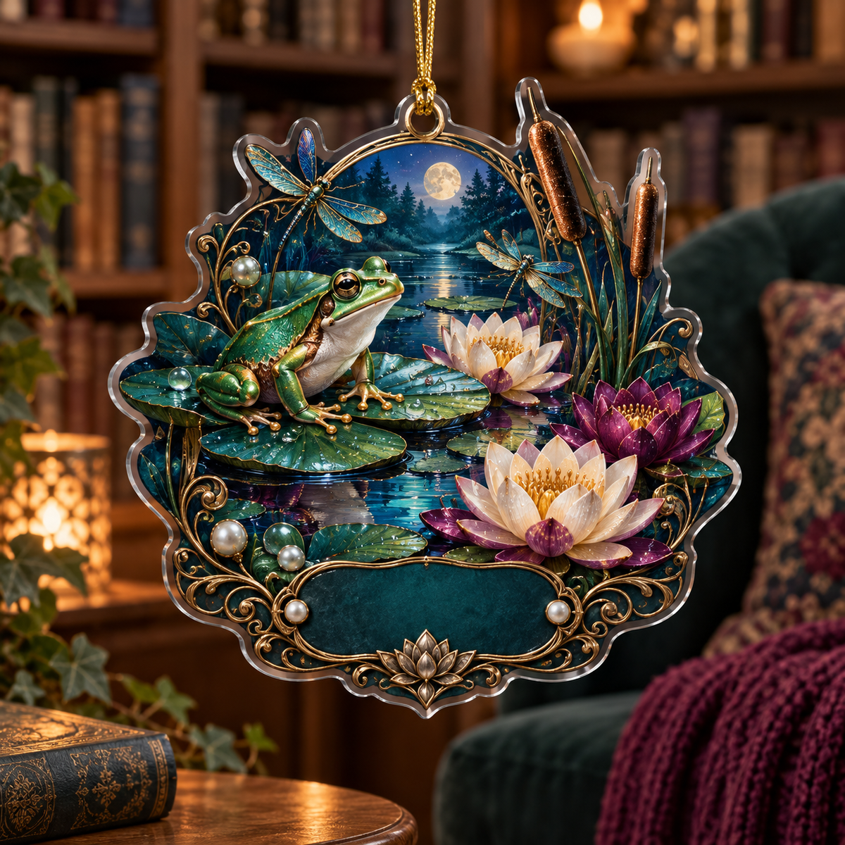 One christmas ornament with an emerald frog, moonlit pond, luminous water lilies, dragonflies and a blank dark-teal plaque.