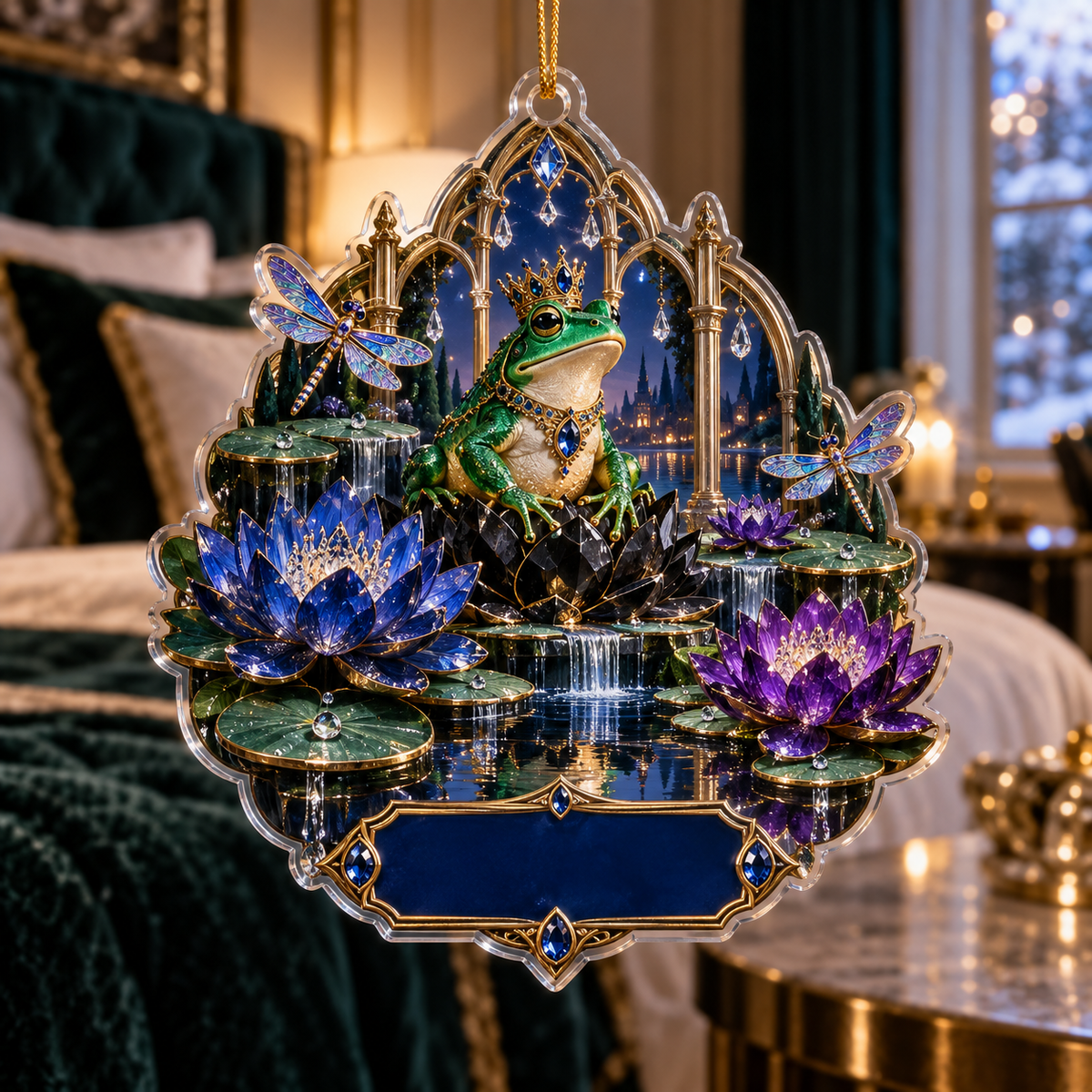 One christmas ornament with a crowned emerald frog, black lotus throne, sapphire and amethyst lilies and a blank deep-sapphire plaque.
