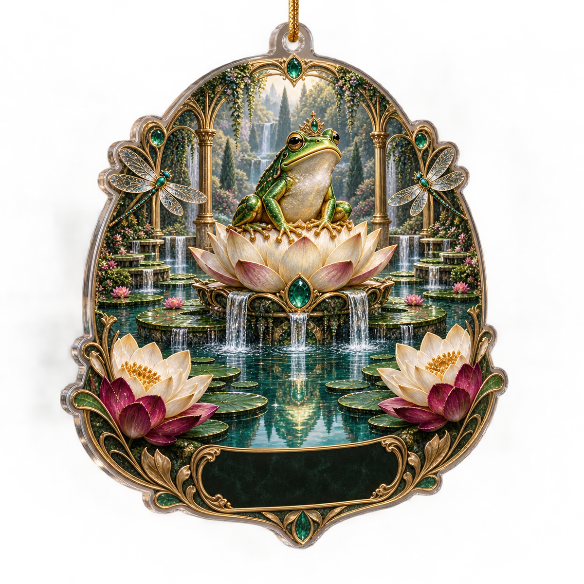 One christmas ornament with an emerald frog, luminous lotus pedestal, turquoise cascading pond, jewel dragonflies and a blank black-green plaque.