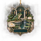 One christmas ornament with a focused emerald frog, stepped lily-pad pond, white lotus, fine-line dragonflies, brass compass motifs, fountain-pen nibs, grid arches and a blank deep-teal plaque.