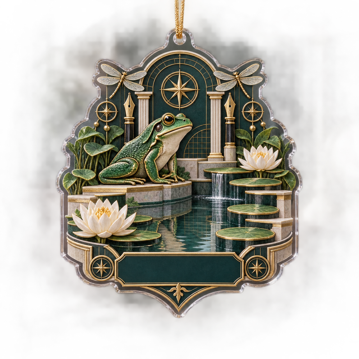 One christmas ornament with a focused emerald frog, stepped lily-pad pond, white lotus, fine-line dragonflies, brass compass motifs, fountain-pen nibs, grid arches and a blank deep-teal plaque.