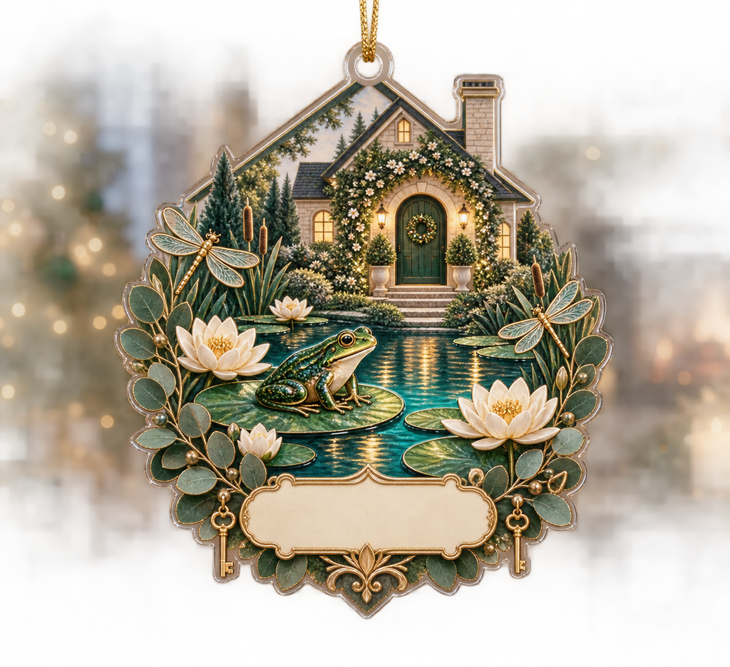 One christmas ornament with an emerald frog, turquoise cottage pond, layered lily pads, ivory lotus flowers, dragonflies, brass keys, eucalyptus and a blank cream name plaque.